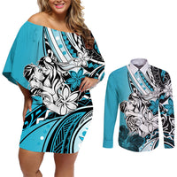 Polynesian Valentine Couples Matching Off Shoulder Short Dress and Long Sleeve Button Shirt Couple Floral Unique Sky Blue Version LT01 Sky - Polynesian Pride