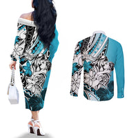 Polynesian Valentine Couples Matching Off The Shoulder Long Sleeve Dress and Long Sleeve Button Shirt Couple Floral Unique Sky Blue Version LT01 - Polynesian Pride