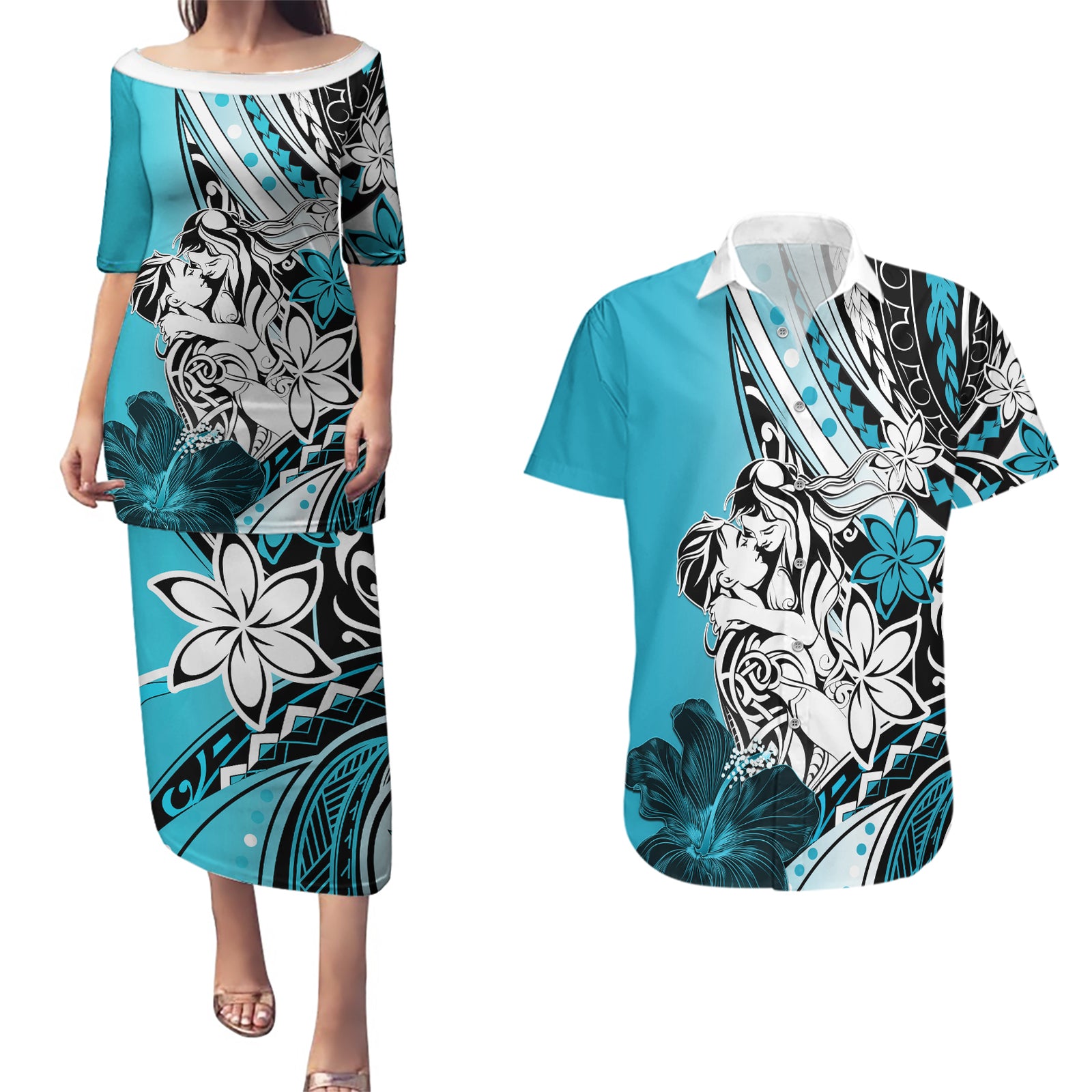 Polynesian Valentine Couples Matching Puletasi and Hawaiian Shirt Couple Floral Unique Sky Blue Version LT01 Sky - Polynesian Pride