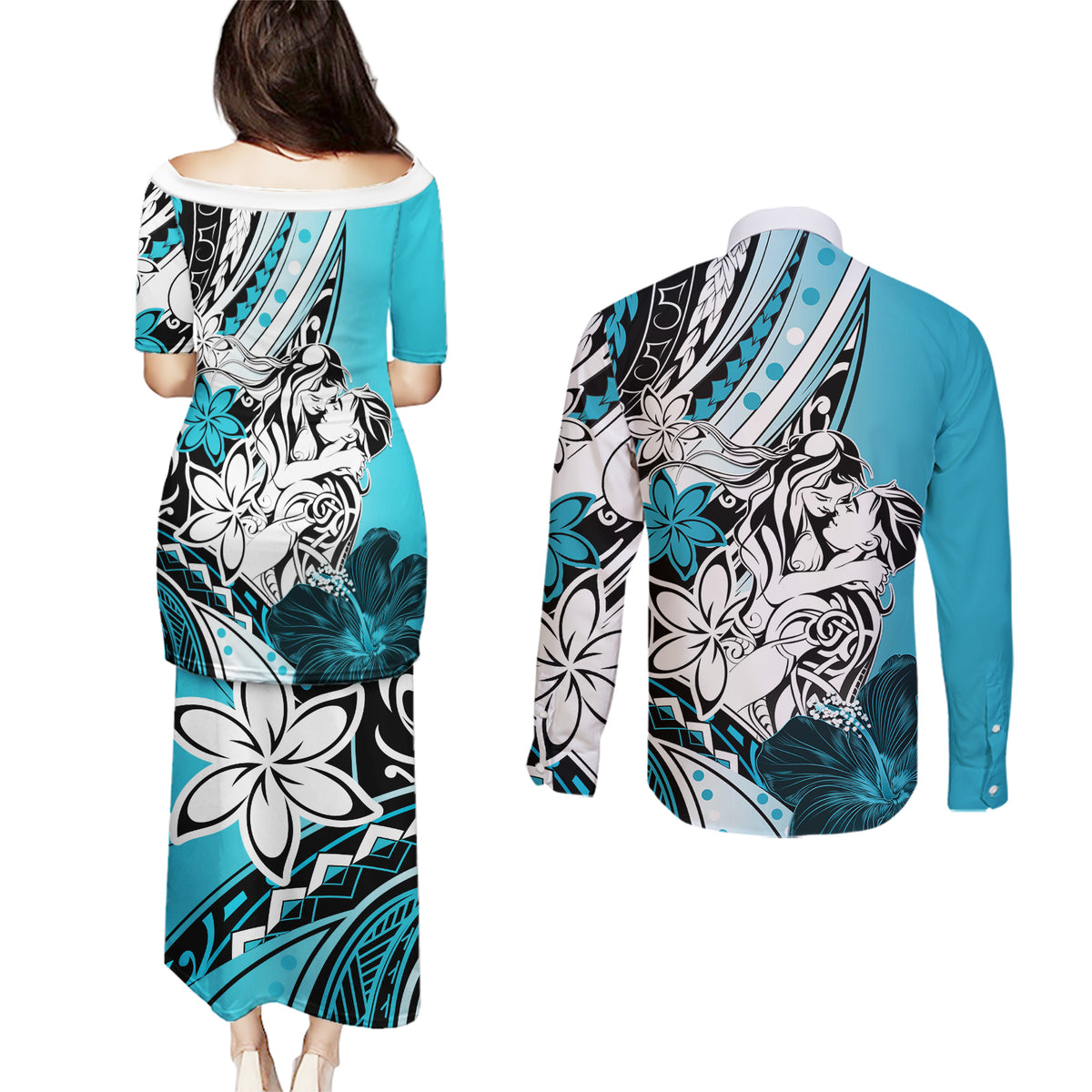 Polynesian Valentine Couples Matching Puletasi and Long Sleeve Button Shirt Couple Floral Unique Sky Blue Version LT01 - Polynesian Pride