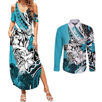 Polynesian Valentine Couples Matching Summer Maxi Dress and Long Sleeve Button Shirt Couple Floral Unique Sky Blue Version LT01 Sky - Polynesian Pride