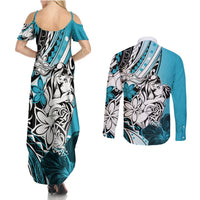Polynesian Valentine Couples Matching Summer Maxi Dress and Long Sleeve Button Shirt Couple Floral Unique Sky Blue Version LT01 - Polynesian Pride