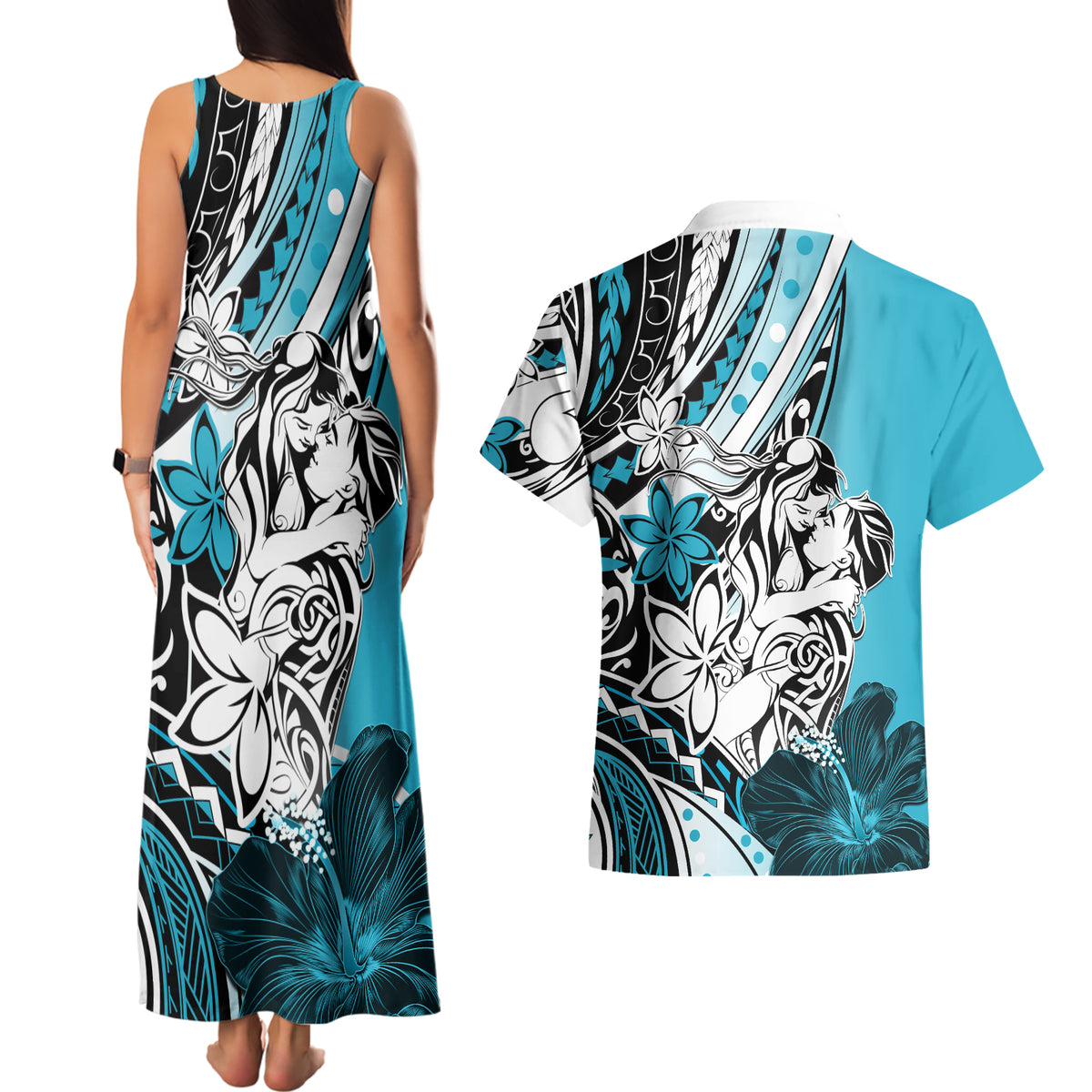 Polynesian Valentine Couples Matching Tank Maxi Dress and Hawaiian Shirt Couple Floral Unique Sky Blue Version LT01 - Polynesian Pride