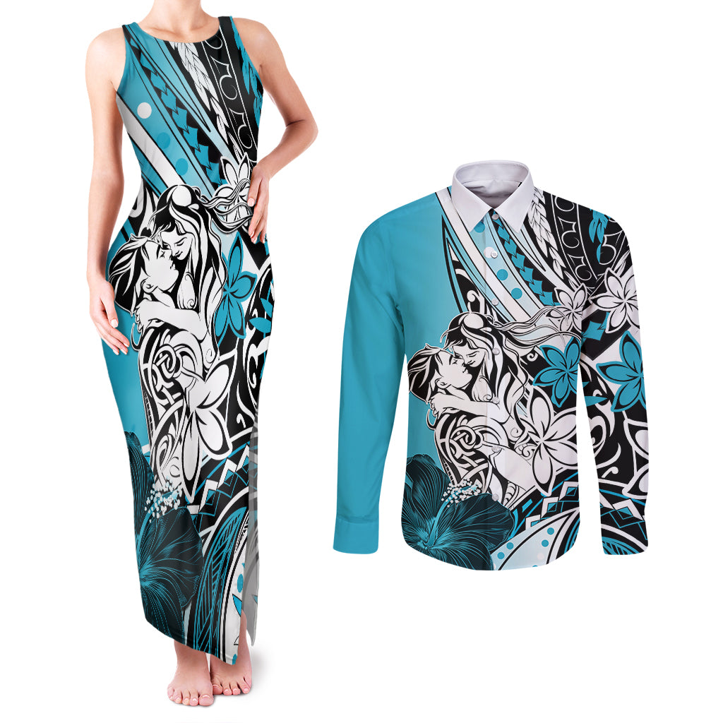 Polynesian Valentine Couples Matching Tank Maxi Dress and Long Sleeve Button Shirt Couple Floral Unique Sky Blue Version LT01 Sky - Polynesian Pride
