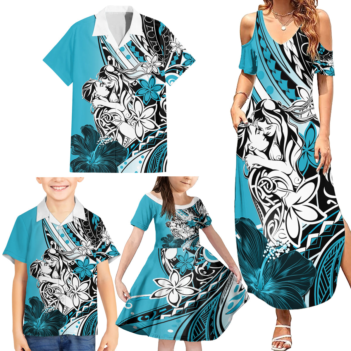Polynesian Valentine Family Matching Summer Maxi Dress and Hawaiian Shirt Couple Floral Unique Sky Blue Version LT01 - Polynesian Pride