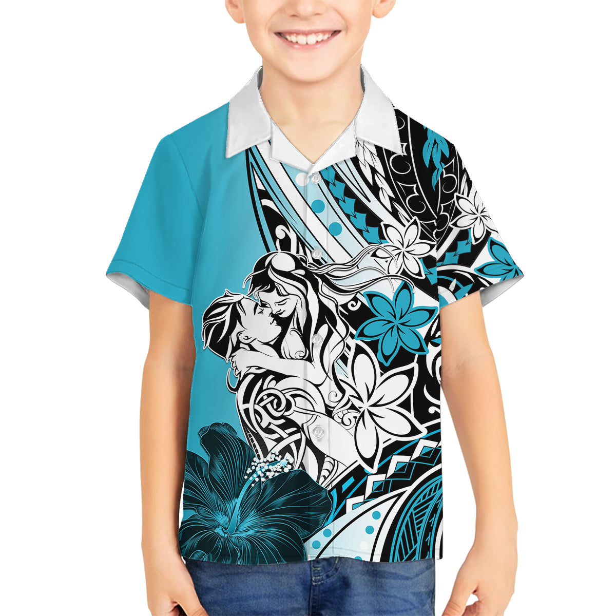 Polynesian Valentine Family Matching Tank Maxi Dress and Hawaiian Shirt Couple Floral Unique Sky Blue Version LT01 Son's Shirt Sky - Polynesian Pride
