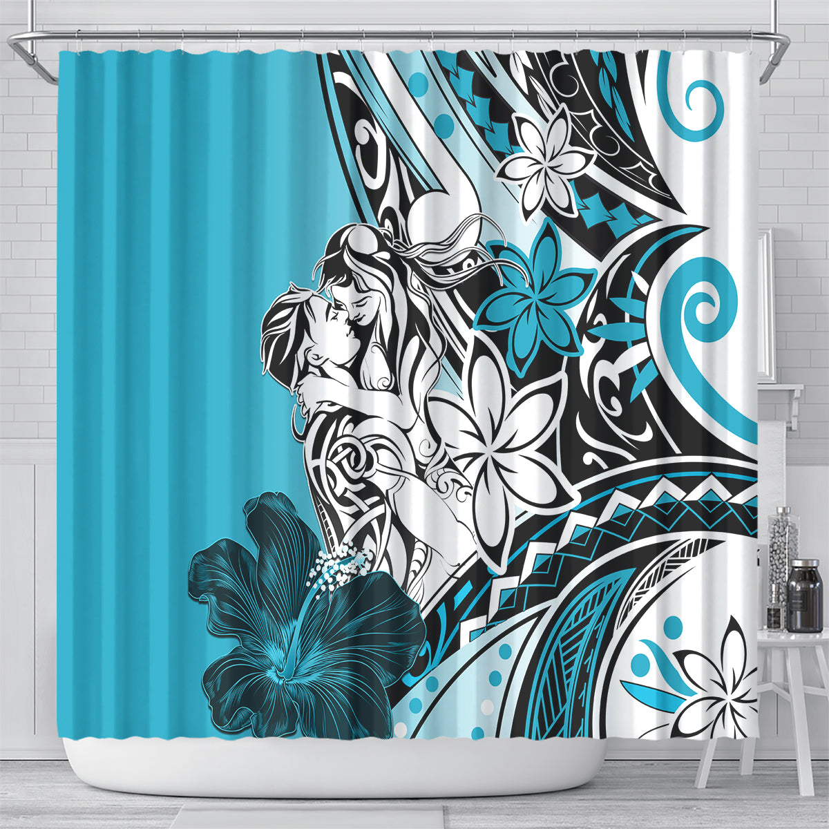 Polynesian Valentine Shower Curtain Couple Floral Unique Sky Blue Version LT01 - Polynesian Pride