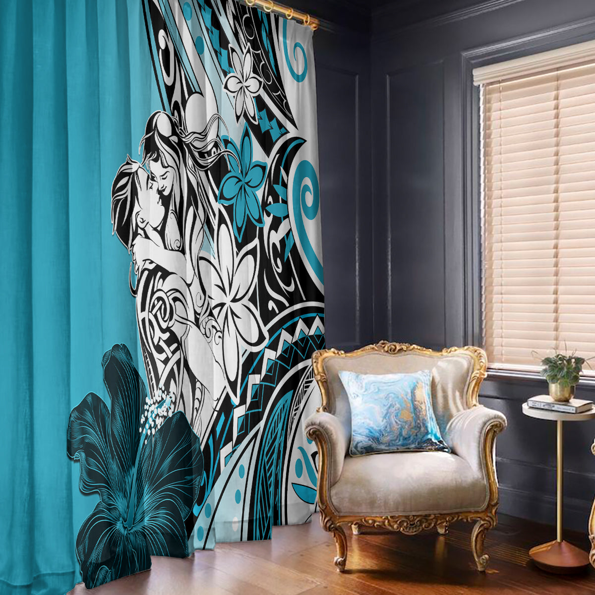 Polynesian Valentine Window Curtain Couple Floral Unique Sky Blue Version LT01 - Polynesian Pride