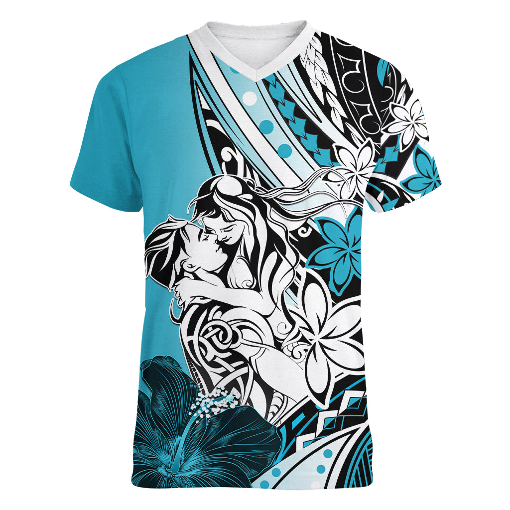 Polynesian Valentine Women V Neck T Shirt Couple Floral Unique Sky Blue Version LT01 Female Sky - Polynesian Pride