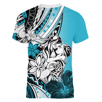 Polynesian Valentine Women V Neck T Shirt Couple Floral Unique Sky Blue Version LT01 - Polynesian Pride