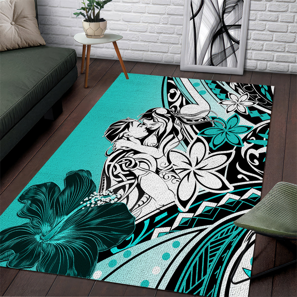 Polynesian Valentine Area Rug Couple Floral Unique Turquoise Version LT01 Turquoise - Polynesian Pride