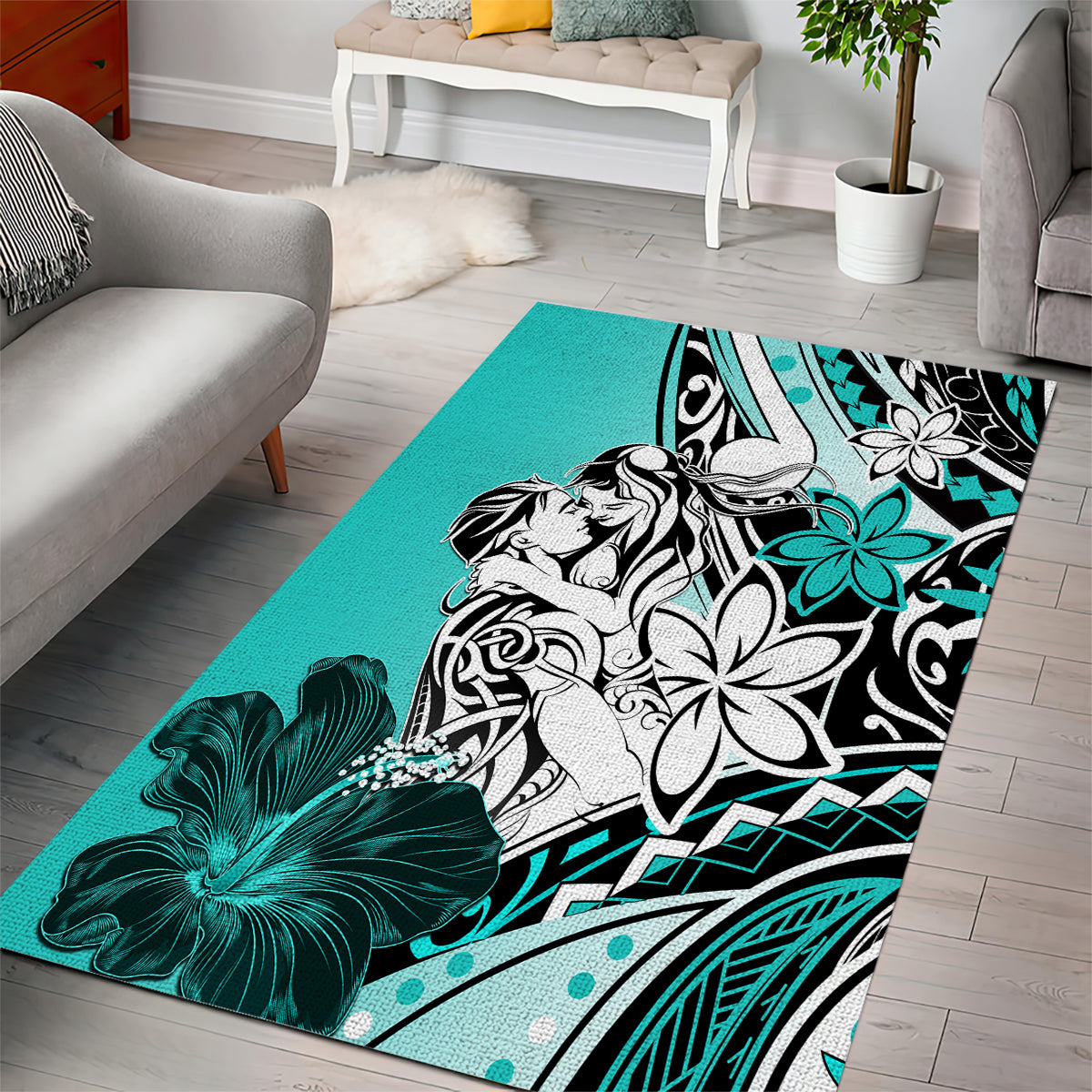 Polynesian Valentine Area Rug Couple Floral Unique Turquoise Version LT01 - Polynesian Pride