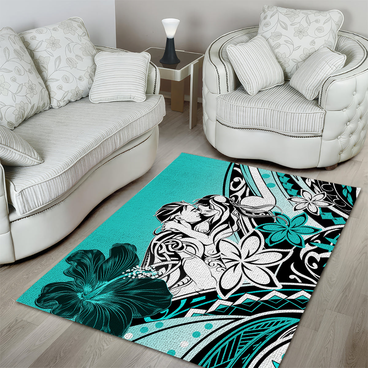Polynesian Valentine Area Rug Couple Floral Unique Turquoise Version LT01 - Polynesian Pride