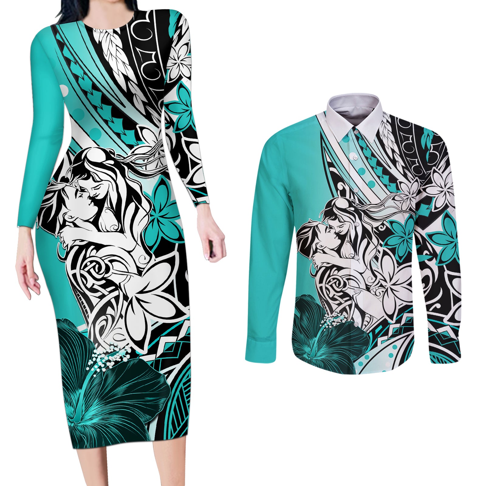 Polynesian Valentine Couples Matching Long Sleeve Bodycon Dress and Long Sleeve Button Shirt Couple Floral Unique Turquoise Version LT01 Turquoise - Polynesian Pride