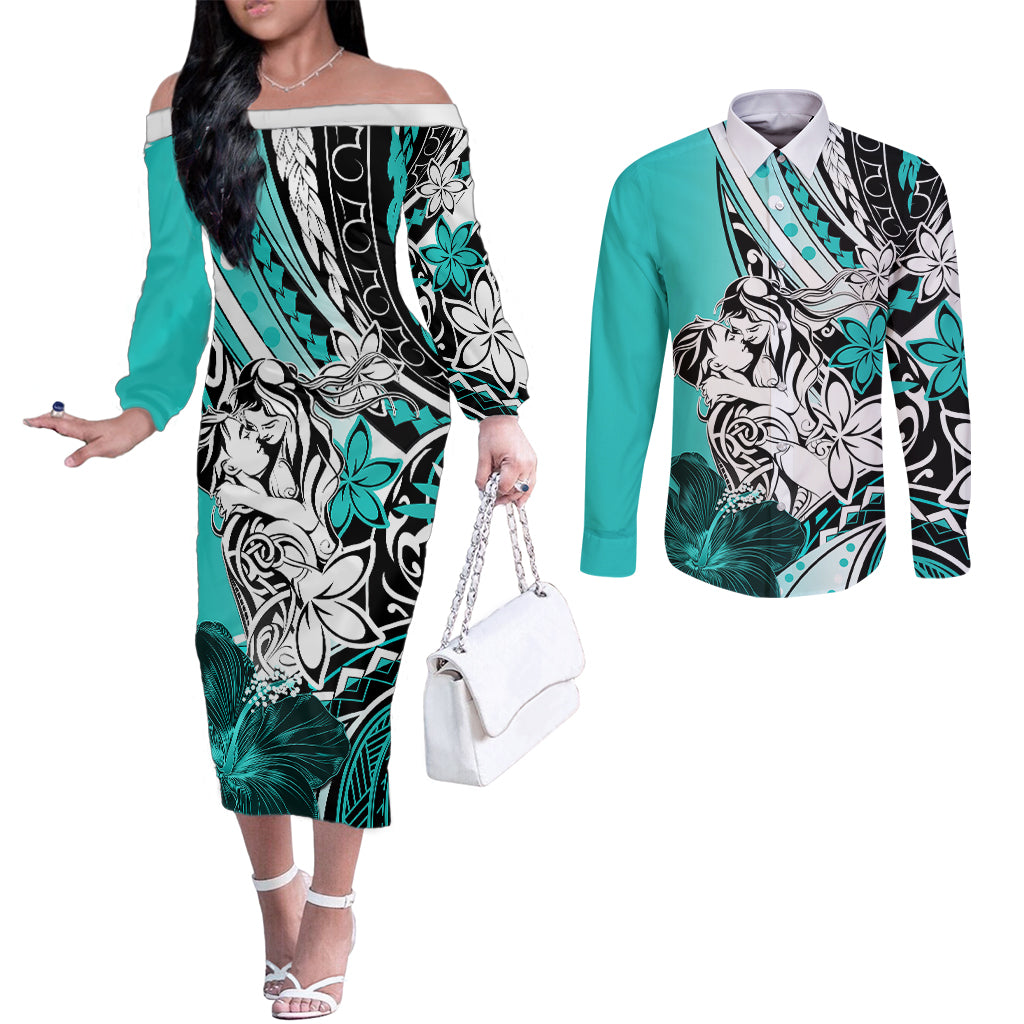 Polynesian Valentine Couples Matching Off The Shoulder Long Sleeve Dress and Long Sleeve Button Shirt Couple Floral Unique Turquoise Version LT01 Turquoise - Polynesian Pride