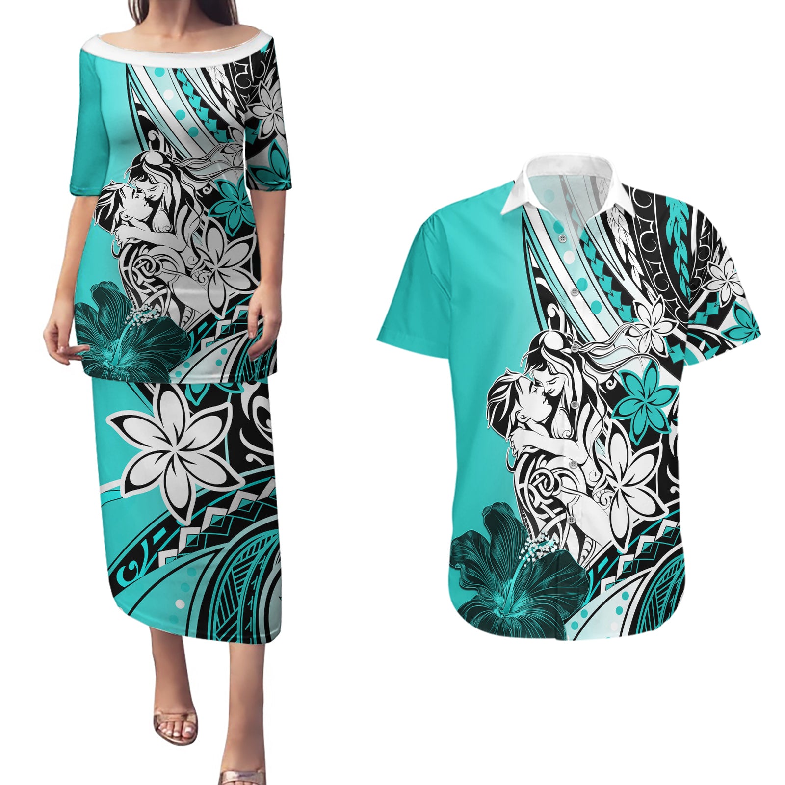 Polynesian Valentine Couples Matching Puletasi and Hawaiian Shirt Couple Floral Unique Turquoise Version LT01 Turquoise - Polynesian Pride
