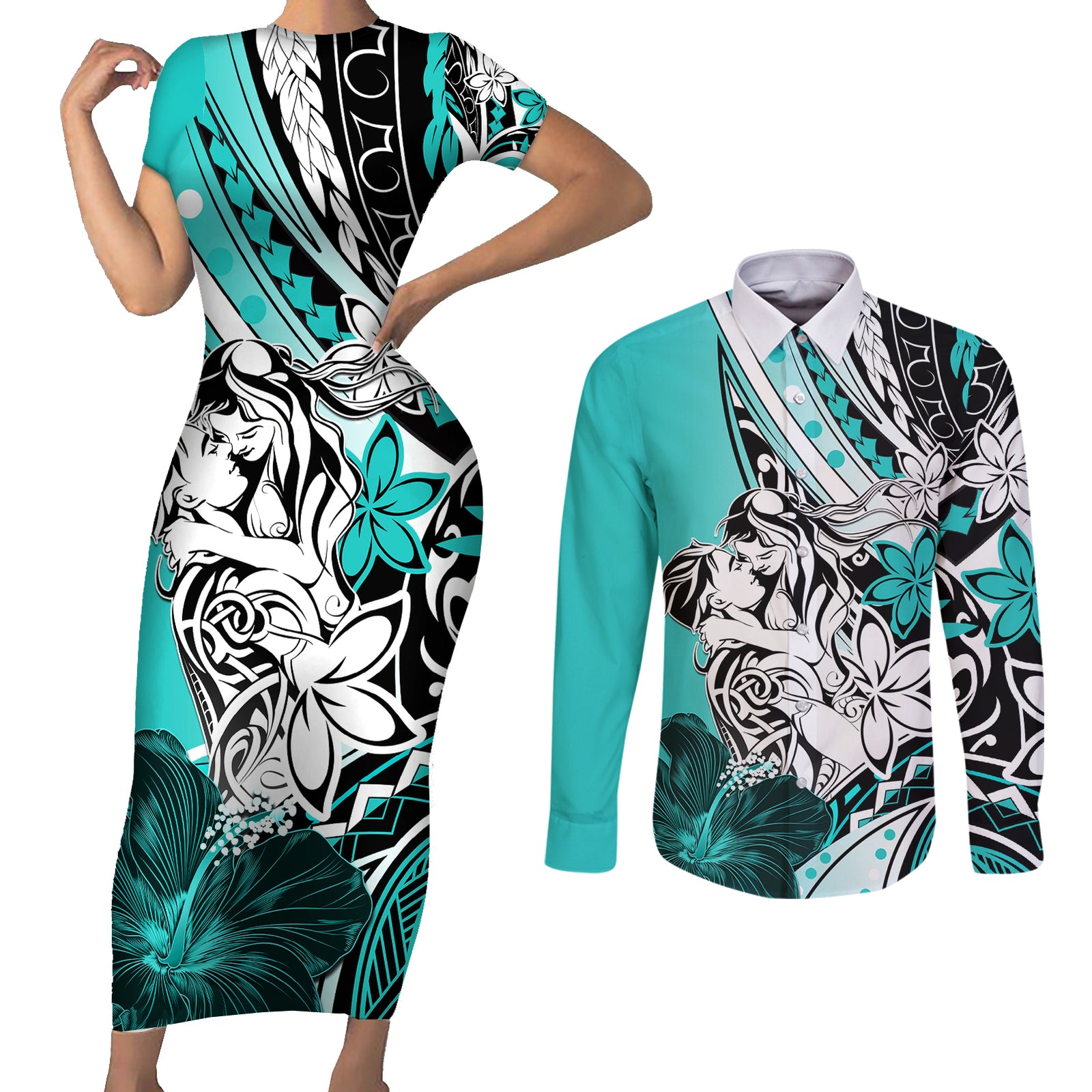 Polynesian Valentine Couples Matching Short Sleeve Bodycon Dress and Long Sleeve Button Shirt Couple Floral Unique Turquoise Version LT01 Turquoise - Polynesian Pride