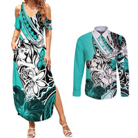 Polynesian Valentine Couples Matching Summer Maxi Dress and Long Sleeve Button Shirt Couple Floral Unique Turquoise Version LT01 Turquoise - Polynesian Pride