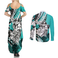 Polynesian Valentine Couples Matching Summer Maxi Dress and Long Sleeve Button Shirt Couple Floral Unique Turquoise Version LT01 - Polynesian Pride