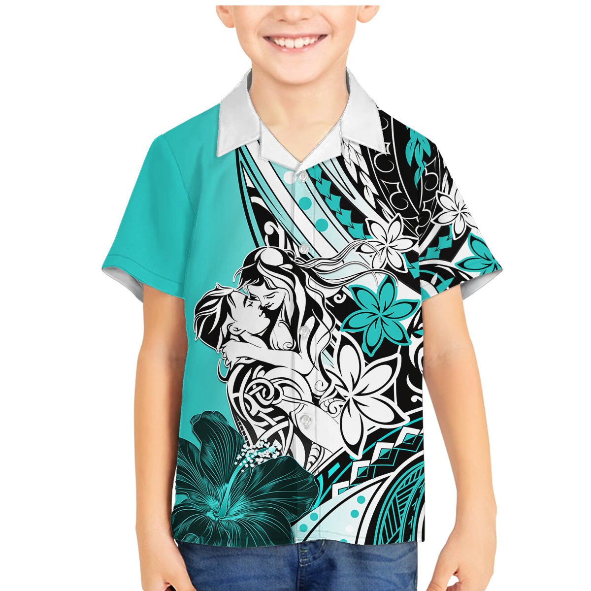 Polynesian Valentine Family Matching Mermaid Dress and Hawaiian Shirt Couple Floral Unique Turquoise Version LT01 Son's Shirt Turquoise - Polynesian Pride