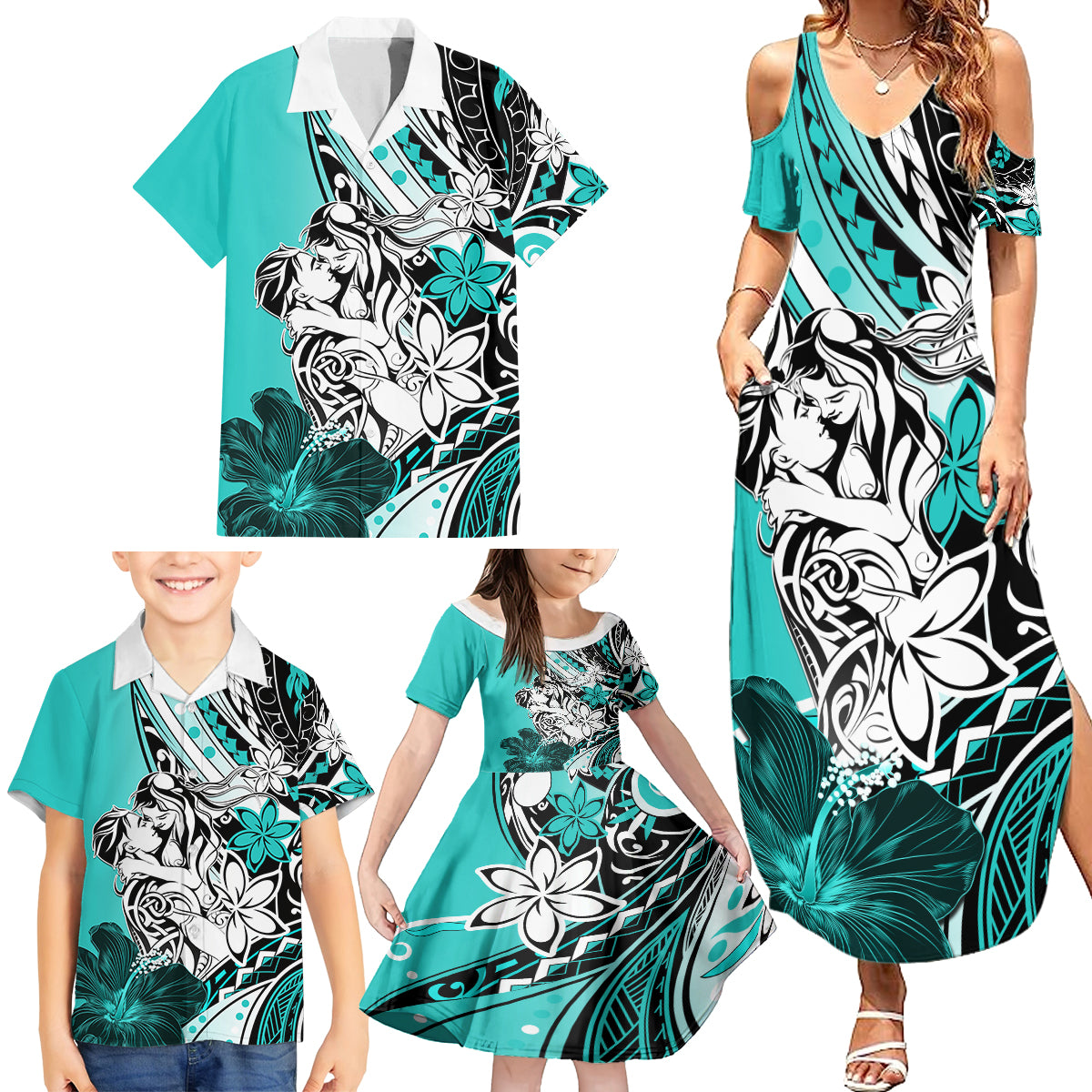 Polynesian Valentine Family Matching Summer Maxi Dress and Hawaiian Shirt Couple Floral Unique Turquoise Version LT01 - Polynesian Pride