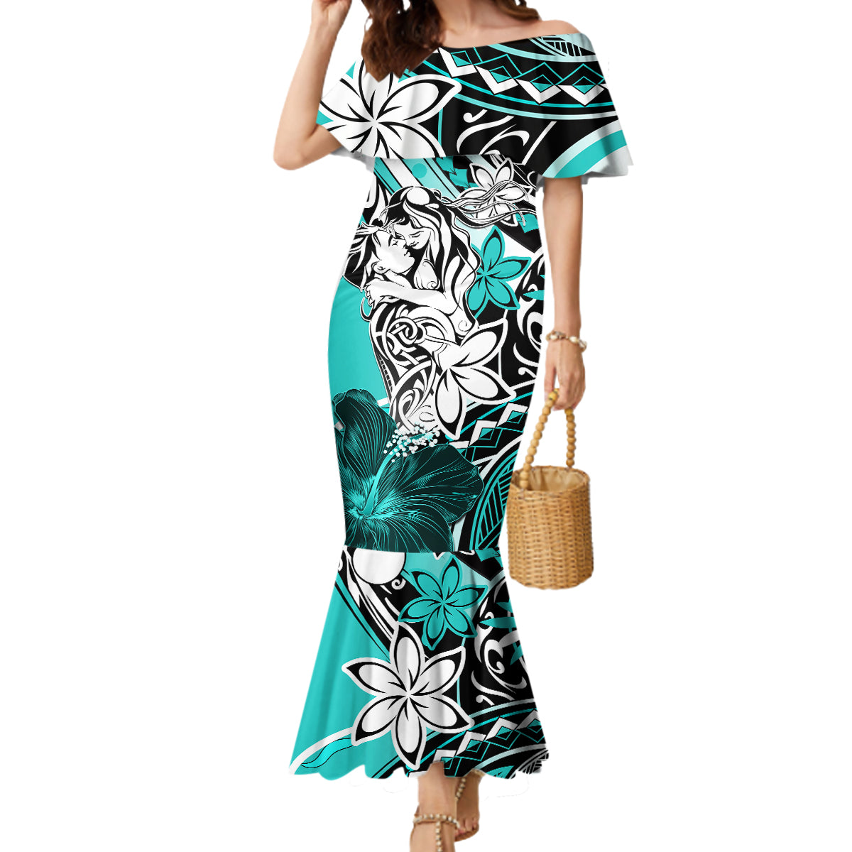 Polynesian Valentine Mermaid Dress Couple Floral Unique Turquoise Version LT01 Women Turquoise - Polynesian Pride