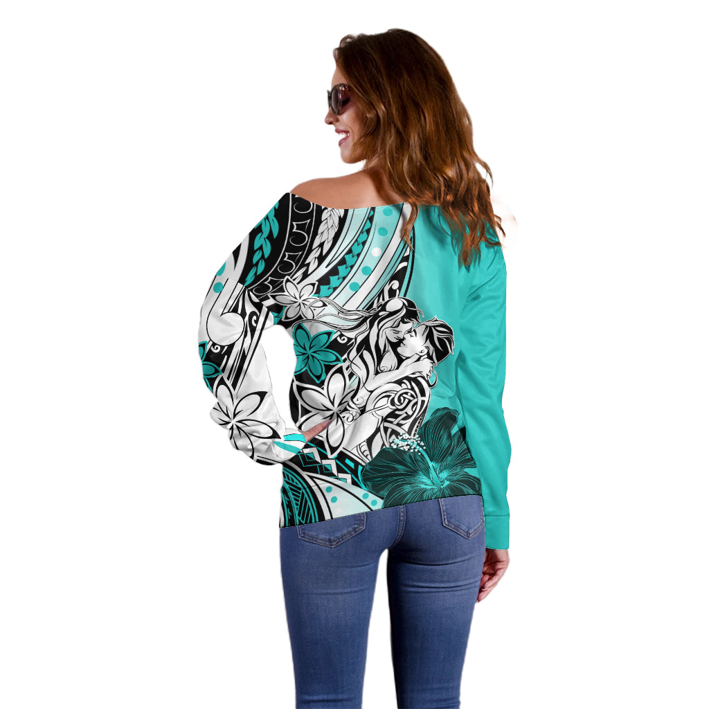 Polynesian Valentine Off Shoulder Sweater Couple Floral Unique Turquoise Version LT01 - Polynesian Pride