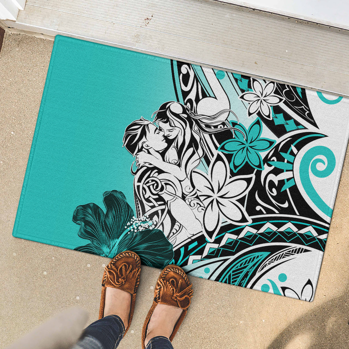 Polynesian Valentine Rubber Doormat Couple Floral Unique Turquoise Version LT01 - Polynesian Pride