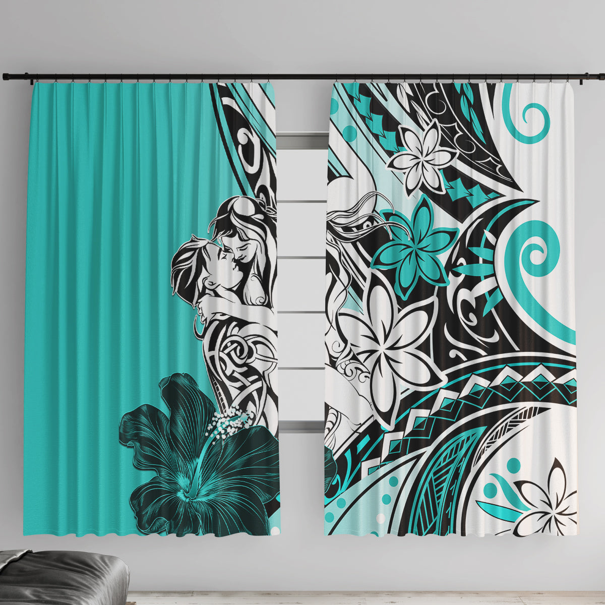 Polynesian Valentine Window Curtain Couple Floral Unique Turquoise Version LT01 With Hooks Turquoise - Polynesian Pride