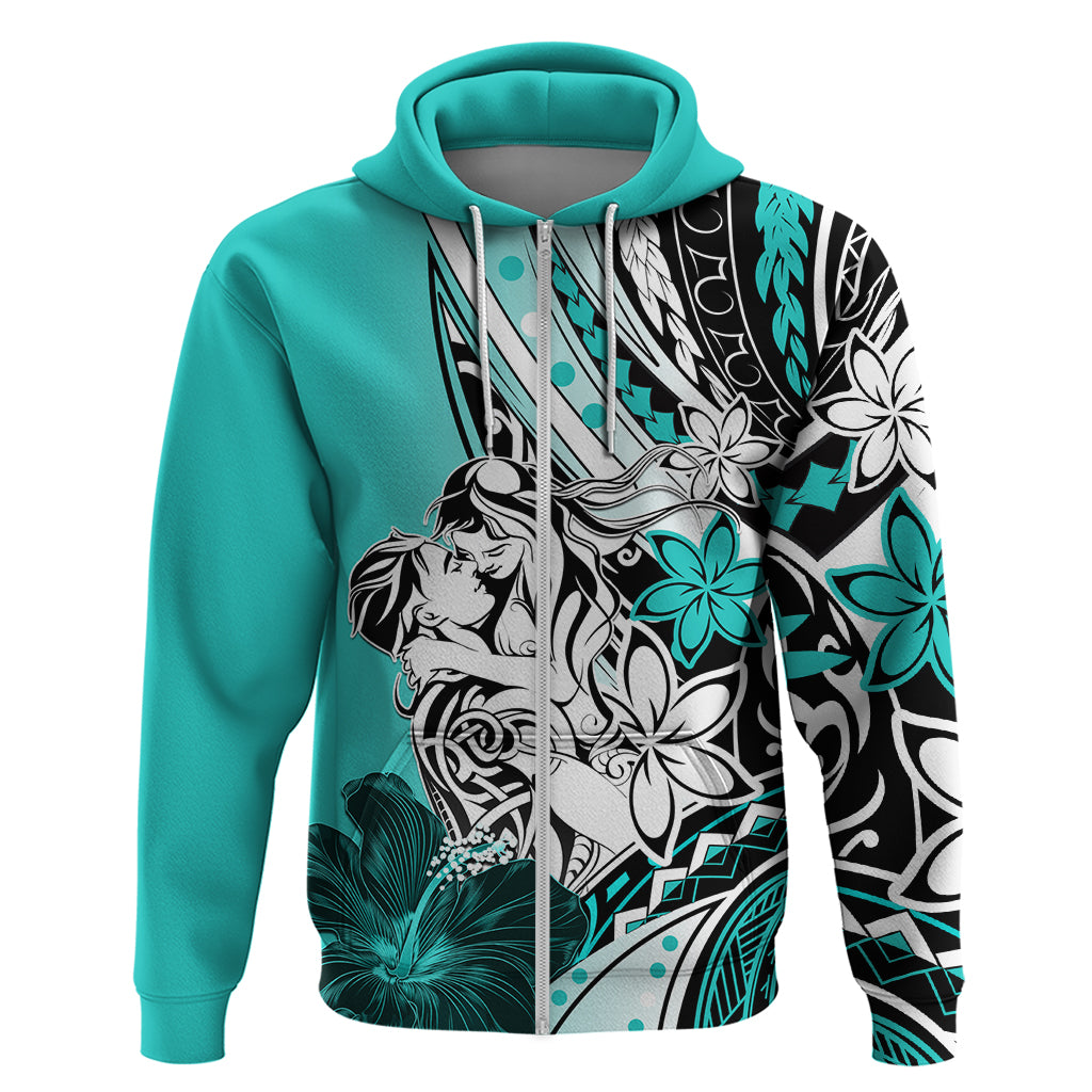 Polynesian Valentine Zip Hoodie Couple Floral Unique Turquoise Version LT01 Zip Hoodie Turquoise - Polynesian Pride