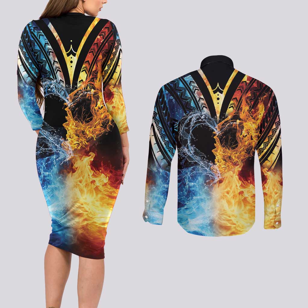 Personalised Polynesian Heart In Fire And Water Couples Matching Long Sleeve Bodycon Dress and Long Sleeve Button Shirt Romantic Elements