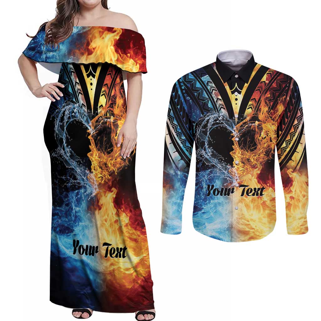 Personalised Polynesian Heart In Fire And Water Couples Matching Off Shoulder Maxi Dress and Long Sleeve Button Shirt Romantic Elements