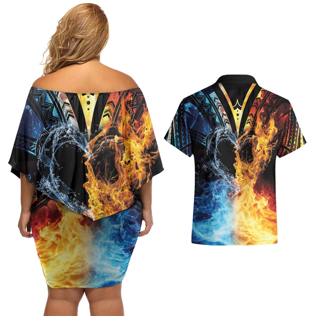 Personalised Polynesian Heart In Fire And Water Couples Matching Off Shoulder Short Dress and Hawaiian Shirt Romantic Elements