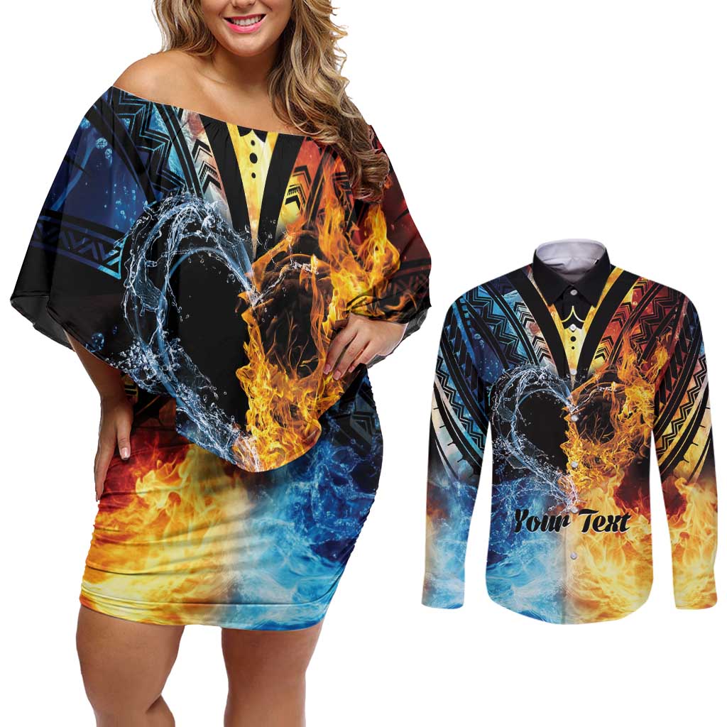 Personalised Polynesian Heart In Fire And Water Couples Matching Off Shoulder Short Dress and Long Sleeve Button Shirt Romantic Elements