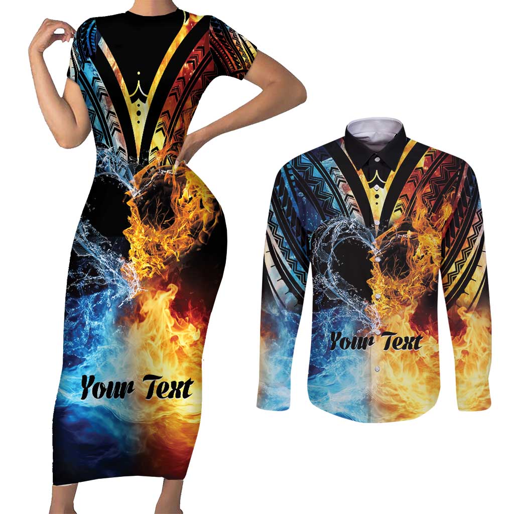 Personalised Polynesian Heart In Fire And Water Couples Matching Short Sleeve Bodycon Dress and Long Sleeve Button Shirt Romantic Elements