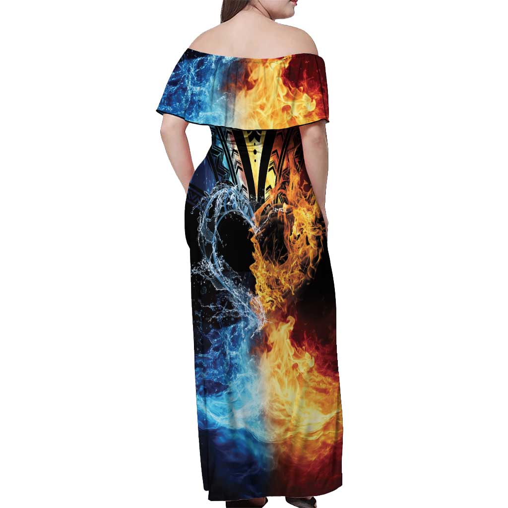 Personalised Polynesian Heart In Fire And Water Off Shoulder Maxi Dress Romantic Elements