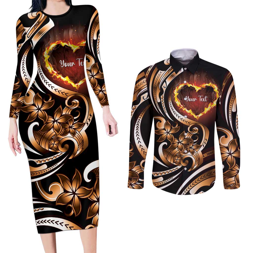 Personalised Polynesian Fiery Heart Couples Matching Long Sleeve Bodycon Dress and Long Sleeve Button Shirt Passionate Love