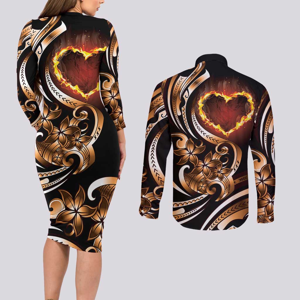 Personalised Polynesian Fiery Heart Couples Matching Long Sleeve Bodycon Dress and Long Sleeve Button Shirt Passionate Love