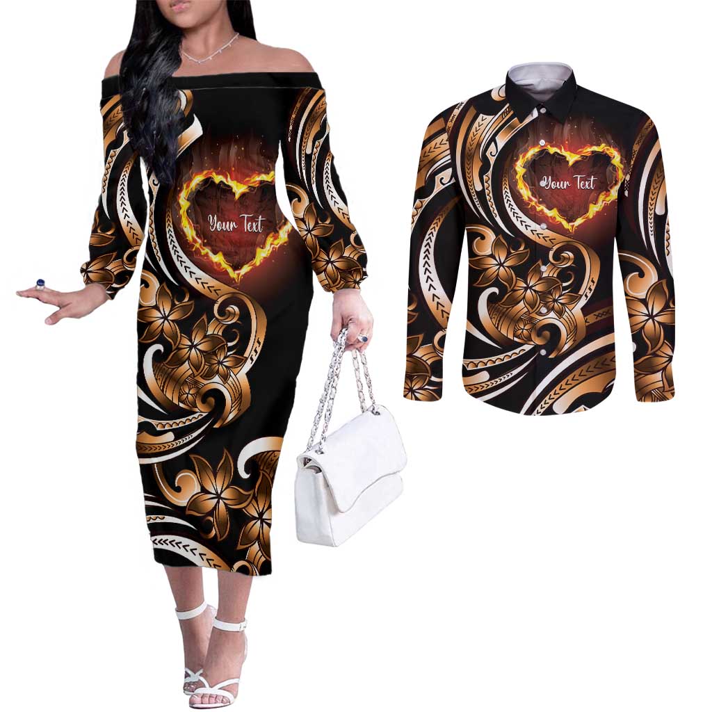 Personalised Polynesian Fiery Heart Couples Matching Off The Shoulder Long Sleeve Dress and Long Sleeve Button Shirt Passionate Love
