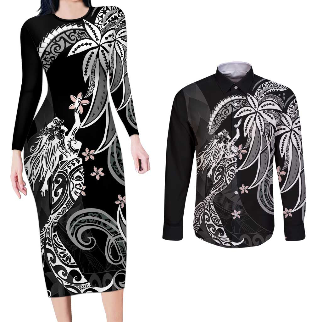 Polynesian Mermaid Plumeria Tribal Tattoo Couples Matching Long Sleeve Bodycon Dress and Long Sleeve Button Shirt