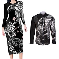 Polynesian Mermaid Plumeria Tribal Tattoo Couples Matching Long Sleeve Bodycon Dress and Long Sleeve Button Shirt