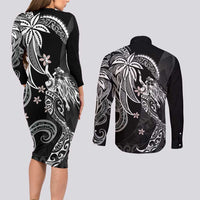Polynesian Mermaid Plumeria Tribal Tattoo Couples Matching Long Sleeve Bodycon Dress and Long Sleeve Button Shirt