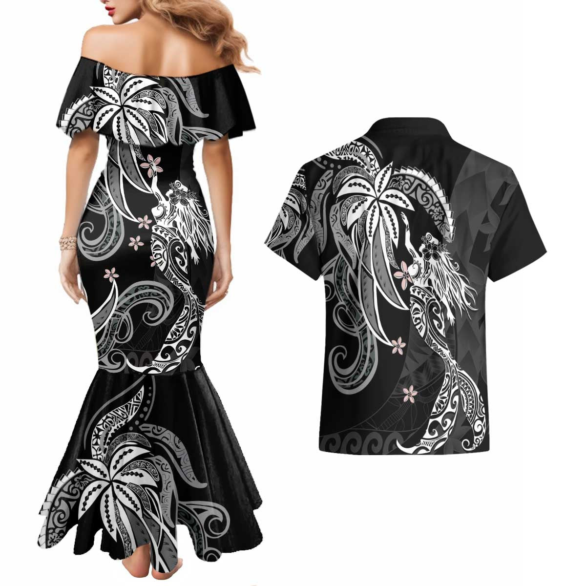 Polynesian Mermaid Plumeria Tribal Tattoo Couples Matching Mermaid Dress and Hawaiian Shirt