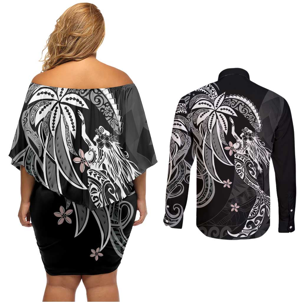 Polynesian Mermaid Plumeria Tribal Tattoo Couples Matching Off Shoulder Short Dress and Long Sleeve Button Shirt