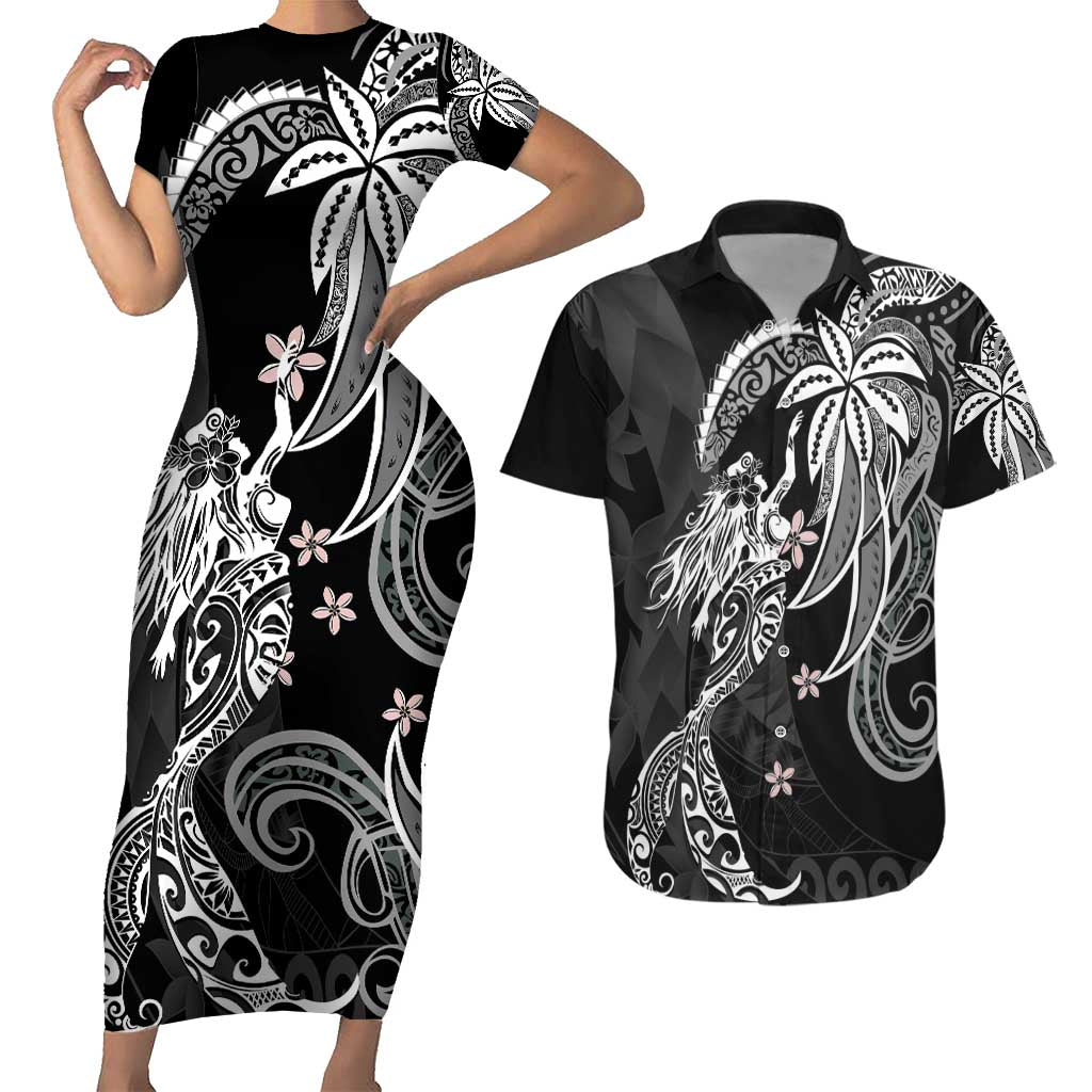 Polynesian Mermaid Plumeria Tribal Tattoo Couples Matching Short Sleeve Bodycon Dress and Hawaiian Shirt