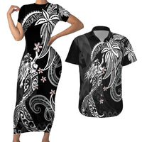 Polynesian Mermaid Plumeria Tribal Tattoo Couples Matching Short Sleeve Bodycon Dress and Hawaiian Shirt