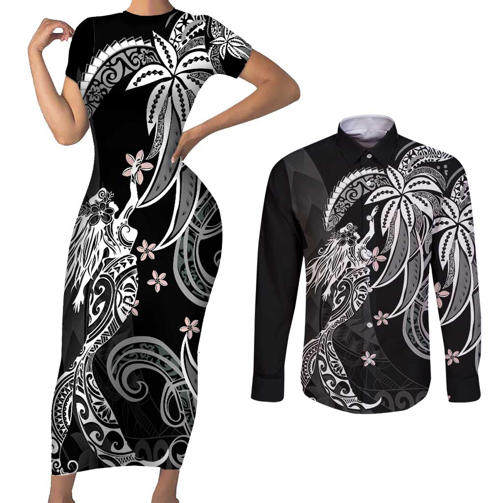 Polynesian Mermaid Plumeria Tribal Tattoo Couples Matching Short Sleeve Bodycon Dress and Long Sleeve Button Shirt