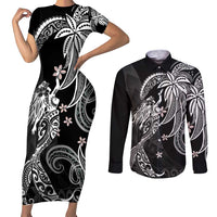 Polynesian Mermaid Plumeria Tribal Tattoo Couples Matching Short Sleeve Bodycon Dress and Long Sleeve Button Shirt