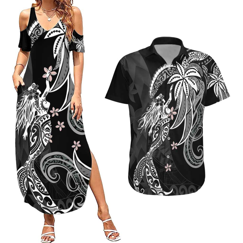 Polynesian Mermaid Plumeria Tribal Tattoo Couples Matching Summer Maxi Dress and Hawaiian Shirt