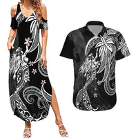 Polynesian Mermaid Plumeria Tribal Tattoo Couples Matching Summer Maxi Dress and Hawaiian Shirt